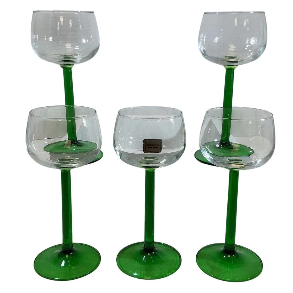 Luminarc France Domino Green Wine Glasses Set of 5 Emerald Green Stem MCM 7.5in